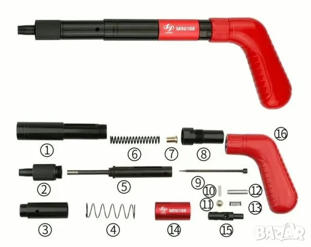 НОВ Пистолет за забиване на пирони със заряд в дърво, метал и бетон Пълен комплект + опция за пирони, снимка 5 - Други инструменти - 47336375
