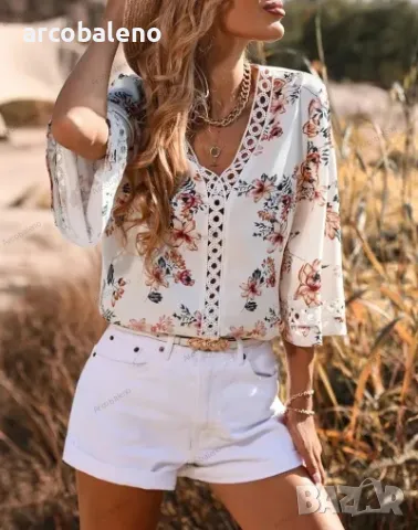 Дамска риза с разкроени ръкави и щампа с V-образно деколте, 5цвята , снимка 3 - Ризи - 39887714
