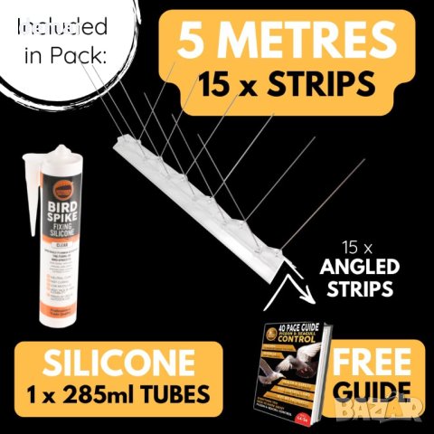 Defender Bird Spikes Ленти със шипове за покрив 5 метра, 15 ленти по 34 см, включва фиксиращ силикон, снимка 9 - Други стоки за дома - 44436445