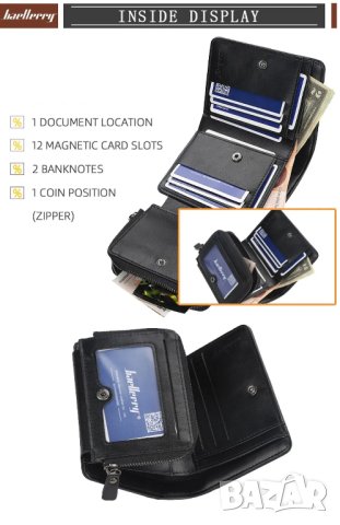 Качествен Мъжки портфейл, ретро портмоне, чанта за карти от PU кожа снимки цип ретро кожен портмоне, снимка 9 - Портфейли, портмонета - 42910815