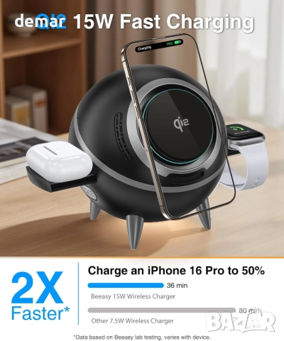 Безжично зарядно устройство Beeasy 4 в 1, Qi2 15W Magsafe, въртящо се, снимка 2 - Безжични зарядни - 52118284