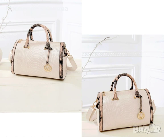 Дамска чанта с декорация от бяла змийска кожа