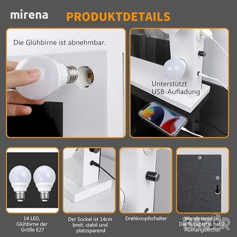 Огледало ЛЕД LED Hollywood с осветление 80x67 см, димируемо, за грим 6, снимка 7 - Огледала - 51547031