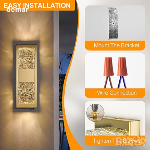 Външна стенна лампа, кристална, златист стенен аплик, IP65, 36 см, снимка 7 - Лампи за стена - 53382420