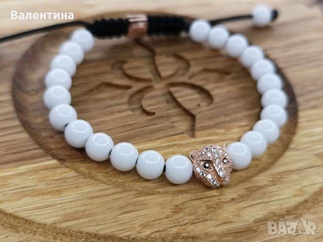 Дамска/мъжка сребърна гривна с тигър и порцеланови мъниста, снимка 1