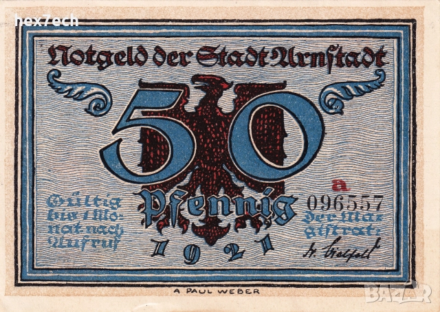 ❤️ Германия Arnstadt (Thuringia) 1921 50 пфенингa UNC нова ❤️ , снимка 2 - Нумизматика и бонистика - 52903924