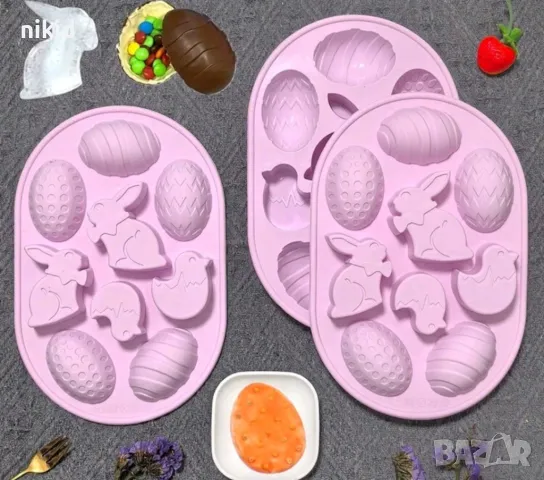 Заек зайче пиле яйце яйца Великденски силиконов молд форма фондан шоколад гипс декор фигурки, снимка 4 - Форми - 49442246