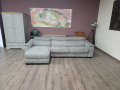 Сив ъглов диван от плат с функция сън и ракла и подвижни облегалки, снимка 1 - Дивани и мека мебел - 44606187