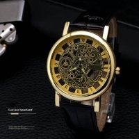 Изискан прозрачен мъжки ръчен часовник с кварцов механизъм и кожена каишка, снимка 3 - Мъжки - 42805173