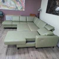 Зелен кожен П образен ъглов диван ZE-EM09002 с функция сън, снимка 6 - Дивани и мека мебел - 44244839