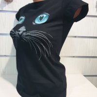 Страхотна нова дамска черна тениска с 3D трансферен печат Котка със сини очи, снимка 6 - Тениски - 29126658