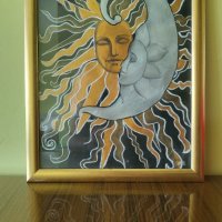 Ръчно рисувана картина "Луна и слънце" 38/28 туш+темпера, снимка 1 - Картини - 42308977
