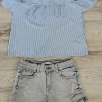 Дънкови панталонки Bershka, блуза H&M, снимка 1 - Детски къси панталони - 36623871