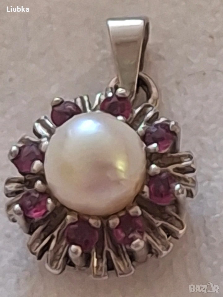 сребърна висулка с перла и рубини, снимка 1