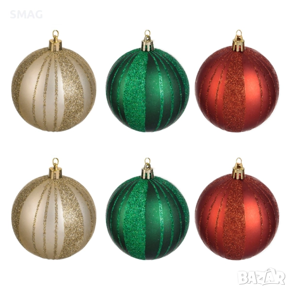 Комплект коледни топки шампанено, зелено и червено Ø8 см – 6 бр_1253581, снимка 1