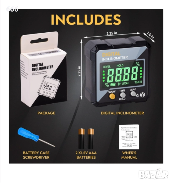 Гониометър, Многофункционален, Цифров, LCD дисплей, Водоустойчив, 2 режима на измерване, 0-90°, снимка 1