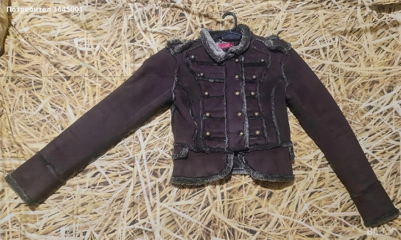 Дамско кафяво късо кожухче, втален модел-тип "шинел". XS-S , снимка 1