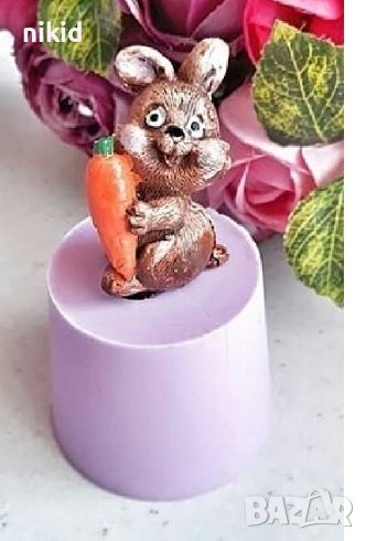 3D Заек зайче с морковче цилиндър силиконов молд форма гипс сапун свещ декор, снимка 1