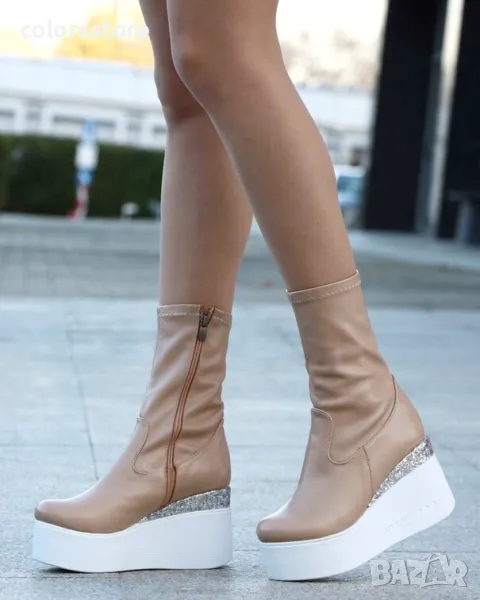 Боти на платформа - бежова кожа с бронз брокат и бяло ходило - 121K, снимка 1