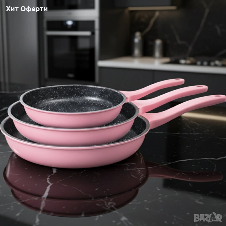 Комплект тигани Cheffinger розово с мраморно покритие – 3 части- розов цвят, снимка 1
