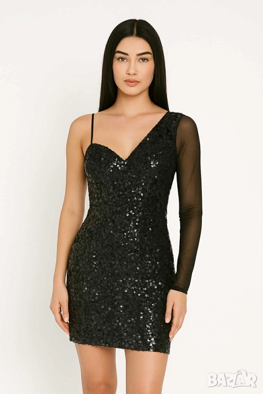 Черна парти рокля със секси пайети и асиметричен ръкав – размери, снимка 1