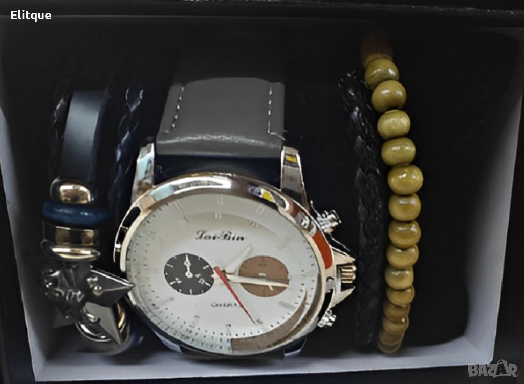 Стилен мъжки часовник в комплект с гривни, снимка 1