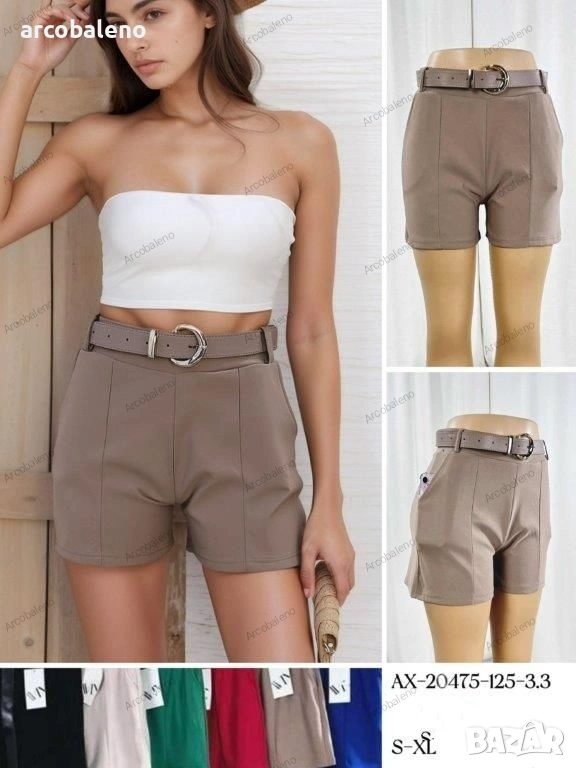 Дамски къси панталони с висока талия и колан, 6цвята , снимка 1