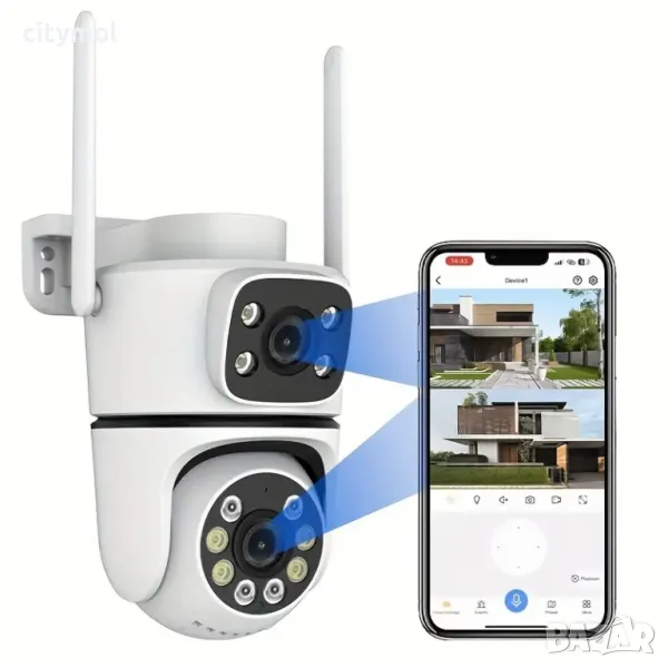 Двойна Smart WiFi безжична IP камера 5MP всяка, FULL-HD нощно виждане, SD карта, снимка 1
