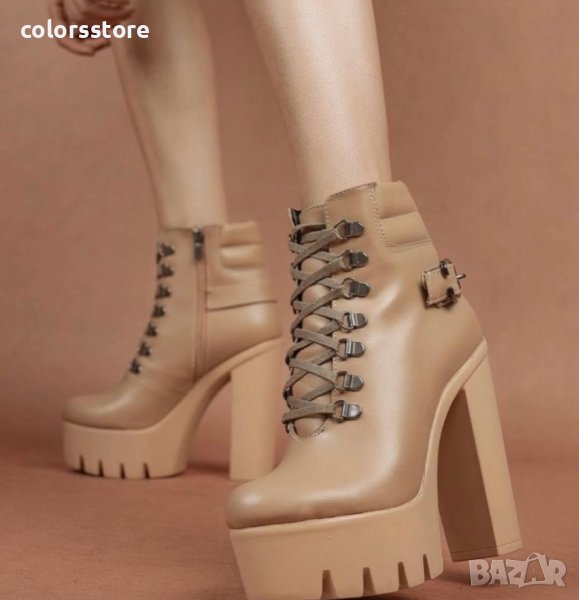 Боти на ток - бежова кожа с бежово ходило - BT14, снимка 1