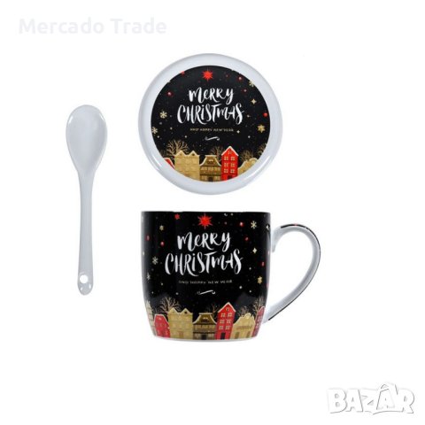 Комплект коледна чаша Mercado Trade, С капак и лъжица, Весела коледа, 350мл., Черен