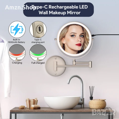 Rocollos Акумулаторно огледало за баня за грим с Led осветление 10X, снимка 6 - Огледала - 51097419