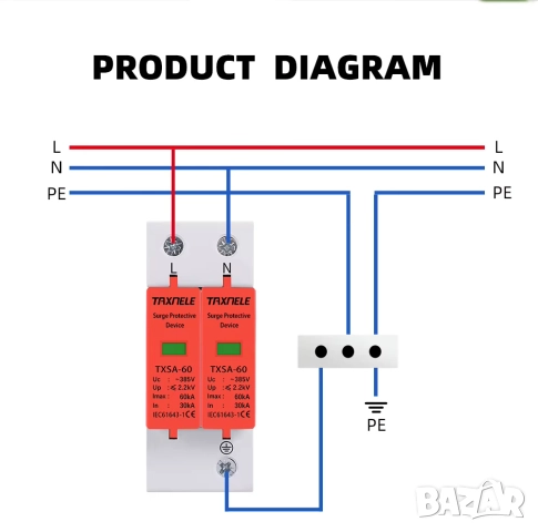 Taxnele Катоден отводител SPD 2P Защита от пренапрежение, ниско напрежение и мълниезащита, снимка 16 - Друга електроника - 52697240