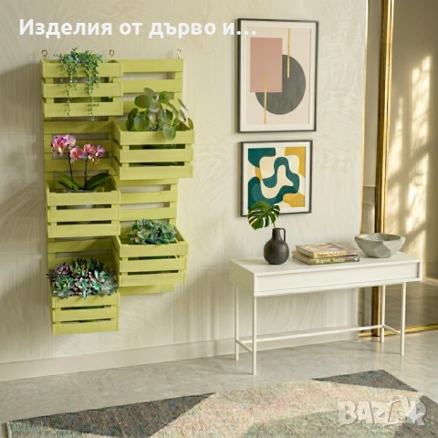 Дървен цветарник декоративно пано за стена с 5 отделения щайги касетки етажерка за цветя, снимка 6 - Декорация за дома - 53956704