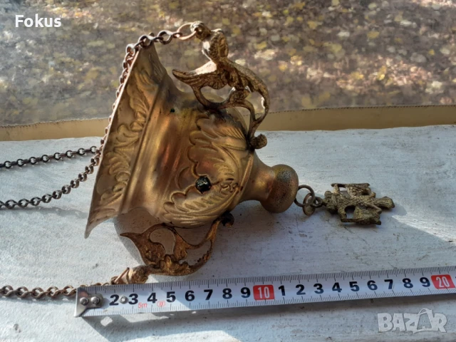 Старо бронзово висящо кандило кадило тамянник, снимка 6 - Антикварни и старинни предмети - 51106756