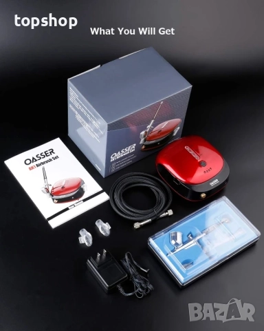 Комплект за аерограф Oasser, компресор, ръчен с двойно действие, литиева батерия, авто спиране с LED, снимка 8 - Гедорета - 51628764