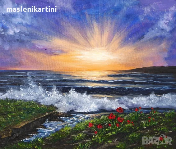 Морски пейзаж, вълна и залез , снимка 3 - Картини - 56453969