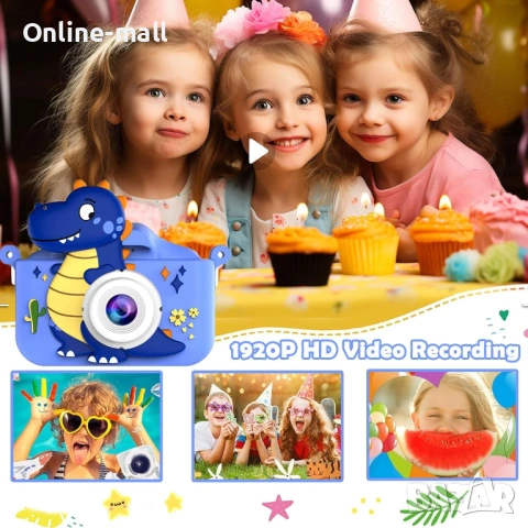 Детска дигитална камера с динозавър – Dual камера отпред и отзад, 1080P видео, 32GB карта, игри и ра, снимка 4 - Фотоапарати - 53244112