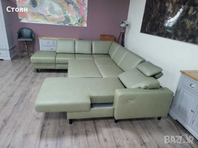 Зелен кожен П образен ъглов диван ZE-EM09002 с функция сън, снимка 6 - Дивани и мека мебел - 44244839