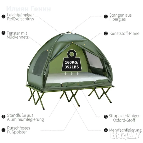 Комплект къмпинг палатка Outsunny за 2 души с походно легло, снимка 9 - Палатки - 50752911