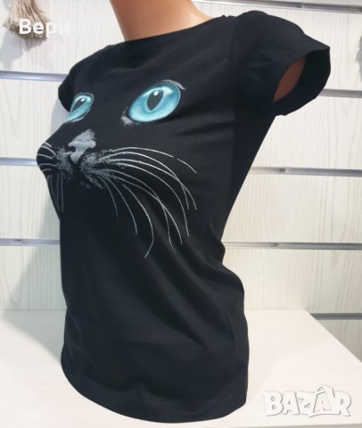 Страхотна нова дамска черна тениска с 3D трансферен печат Котка със сини очи, снимка 6 - Тениски - 29126658