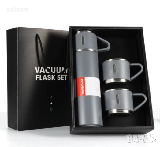 Подаръчен комплект термос с 3 чаши, зелен, розов, сив