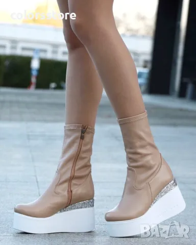 Боти на платформа - бежова кожа с бронз брокат и бяло ходило - 121K