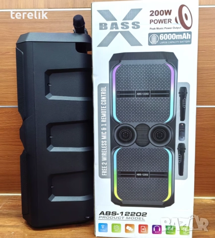-50лв🔊 Xbass 200W 6000mah Професионална караоке тонколона ABS-12202 – 12”×2, Bluetooth, 2 микрофонa, снимка 18 - Караоке - 51831095