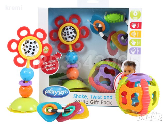 НОВ! Комплект дрънкалки за бебе 3 броя Playgro Shake, twist and rattle gift pack