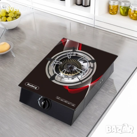 Котлон газов единичен Rosberg Premium , 30 mbar, Черен от закалено стъкло, Чугунена горелка, с две п, снимка 3 - Газови котлони - 54100799