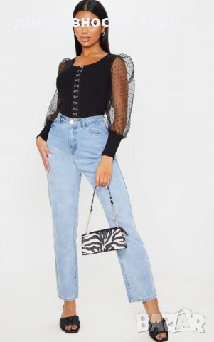 PrettyLittleThing черен топ тип корсет с органза ръкави XS, снимка 4 - Корсети, бюстиета, топове - 34293522