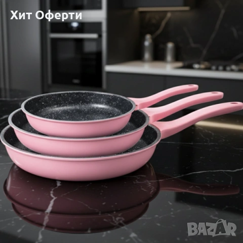 Комплект тигани Cheffinger розово с мраморно покритие – 3 части- розов цвят