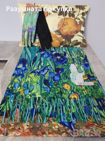 Кашмирен шал с принт на картина по творби на известни художници в комплект с ръкавици, снимка 8 - Шалове - 34079001