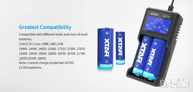 Зарядно/тестер XTAR VC2 с LCD за 18650 Li-Ion акумулаторни батерии, снимка 1 - Друга електроника - 37791689