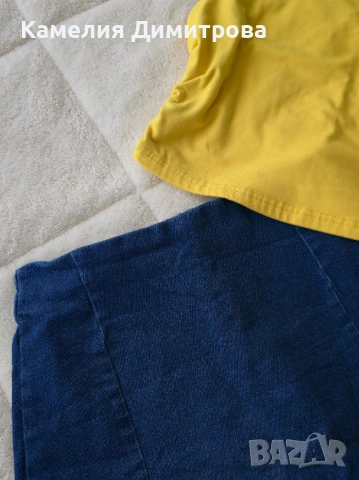 Дамски летен сет – жълт топ + дънкова пола-гащи, снимка 2 - Комплекти - 53285714